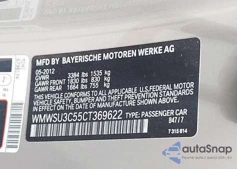 2012 Mini Cooper z USA, uszkodzony, nr VIN WMWSU3C55CT369622